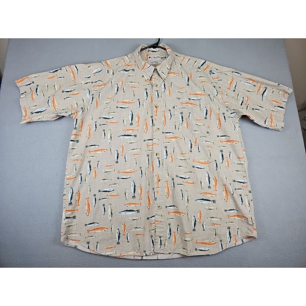 Columbia Men's Size XXL Button Down All Over Fish Print 100% Cotton Beige Brown